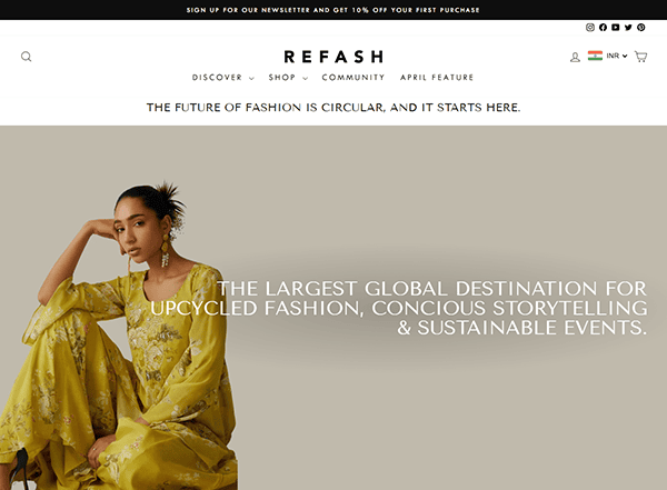 A woman in a yellow floral outfit sits against a neutral background on the REFASH website, one of the best vintage clothing websites promoting upcycled fashion and sustainable events.