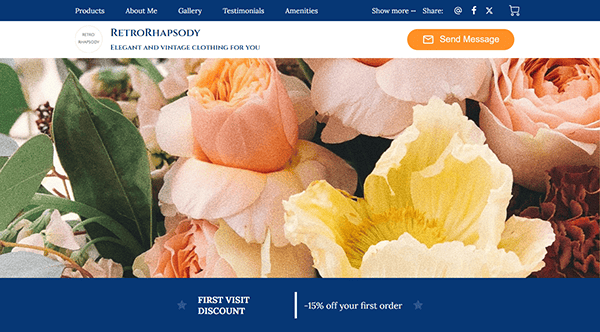 Close-up of pastel-colored flowers with a website banner above, showcasing RetroRhapsody branding—one of the best vintage clothing websites. A “Send Message” button and a -15% first order discount offer complete this charming vintage clothing scene.