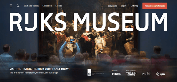 Homepage of the Rijksmuseum website showcasing visitors viewing Rembrandt’s “The Night Watch,” with sleek museum website design featuring navigation and ticket options.