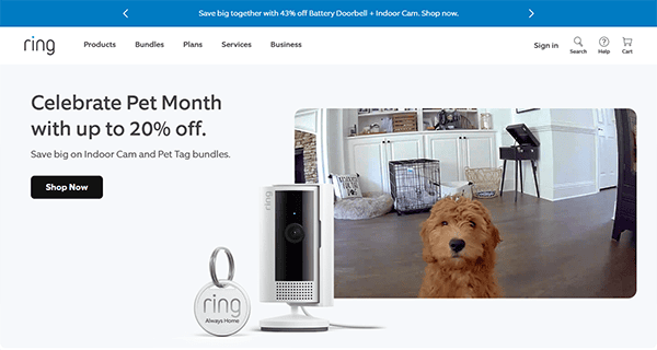 A website banner shows a Ring camera, a pet tag, and a dog in a living room, promoting up to 20% off for Pet Month on indoor cameras and pet tag bundles—upgrade your smart home with deals from one of the best smart home websites.