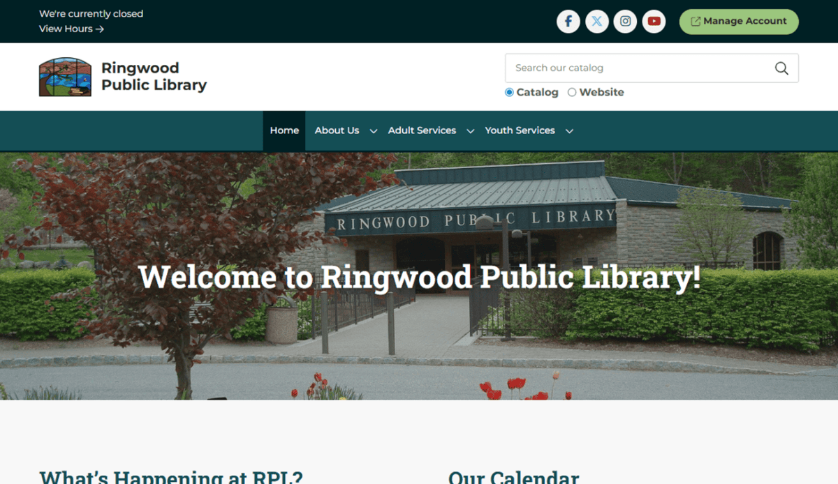 A screenshot of Ringwood Public Library's homepage showcases event listings, library news, a lively Facebook feed, reading recommendations, and essential contact information. Explore all this and more at the vibrant hub of Ringwood Public Library.