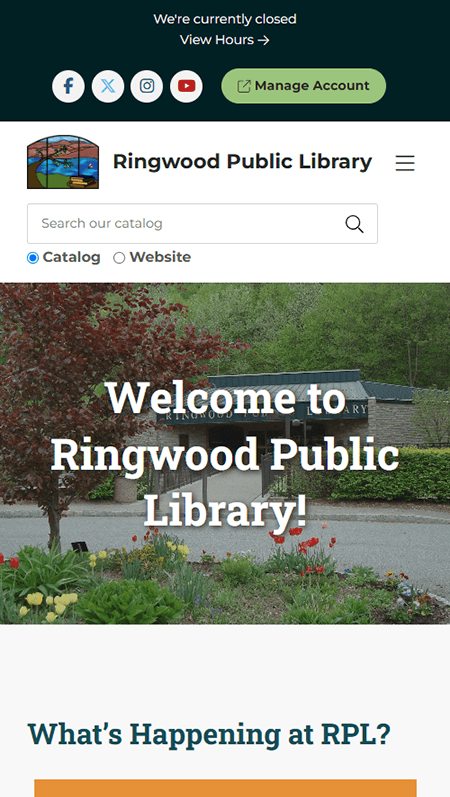 Screenshot of the Ringwood school webpage showcasing a comprehensive calendar, an appetizing lunch menu, library details, a lively Facebook feed, and a resourceful digital section linked to the Public Library.