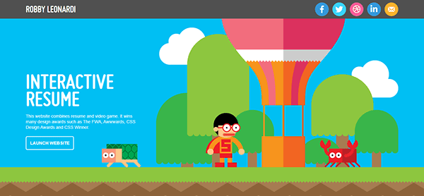 Colorful cartoon-style webpage featuring a hot air balloon, superhero character, crab, and turtle, showcasing an “Interactive Resume.” Perfect inspiration for personal portfolio websites—click the "Launch Website" button to explore!.