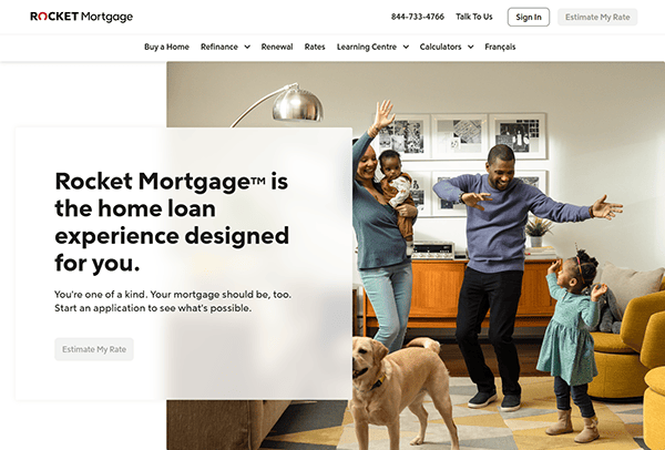 A smiling family with two children dances in a living room with a dog. A text overlay highlights Rocket Mortgage as one of the best mortgage websites, inviting users to estimate their rate.