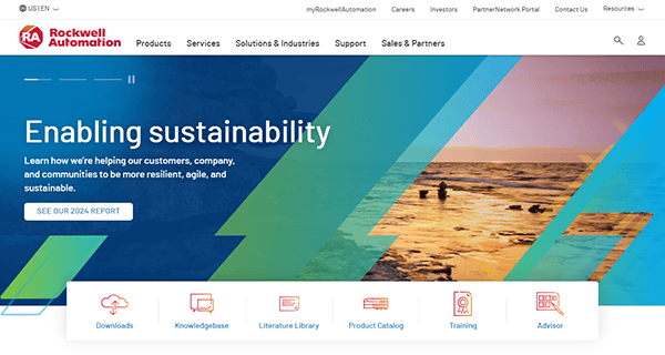 Rockwell Automation's homepage highlights a banner on enabling sustainability, with navigation links for industrial electrician websites at the top. Explore icons for downloads, knowledgebase, library, product catalog, training, and advisor.