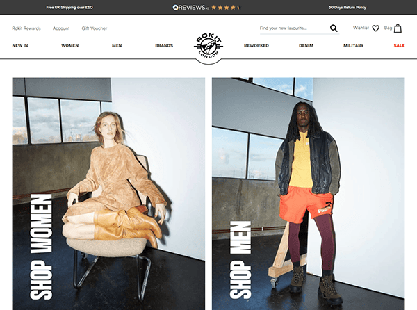 Split screen image showing a woman seated in boots and a man standing in athletic wear, highlighting vintage clothing style; text reads "Shop Women" and "Shop Men" on their respective sides. Discover the best vintage clothing for every look.