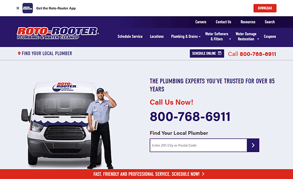 Screenshot of Roto-Rooter website showcasing a van and plumber. It features a phone number, service scheduling option, and local plumber search box. The header includes a menu and download button, exemplifying top-notch local service website design.
