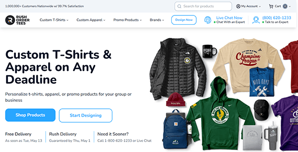 Homepage of Rush Order Tees, one of the best T-shirt design websites, featuring custom clothing and accessories like t-shirts, jackets, hats, and bags—with intuitive navigation menus and call-to-action buttons.