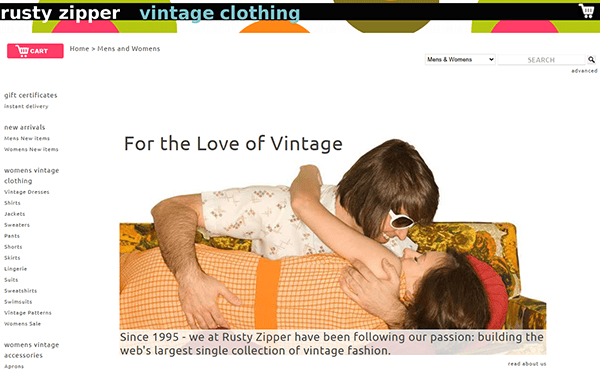 A man and woman in vintage clothing embrace on a couch beneath the heading "For the Love of Vintage" on one of the best vintage clothing websites, Rusty Zipper.