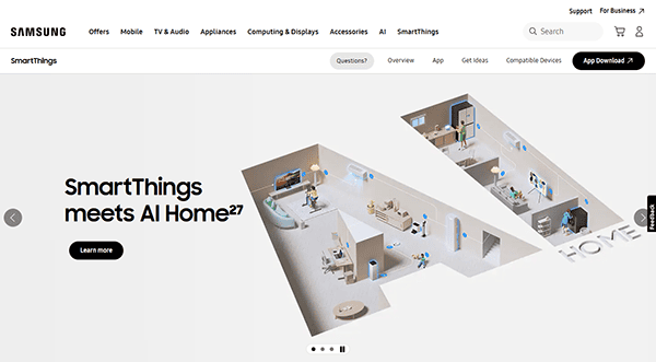Samsung SmartThings webpage displaying "SmartThings meets AI Home" text with a 3D illustration of a smart home layout, showcasing why it's featured among the Best Smart Home Websites with connected devices in various rooms.