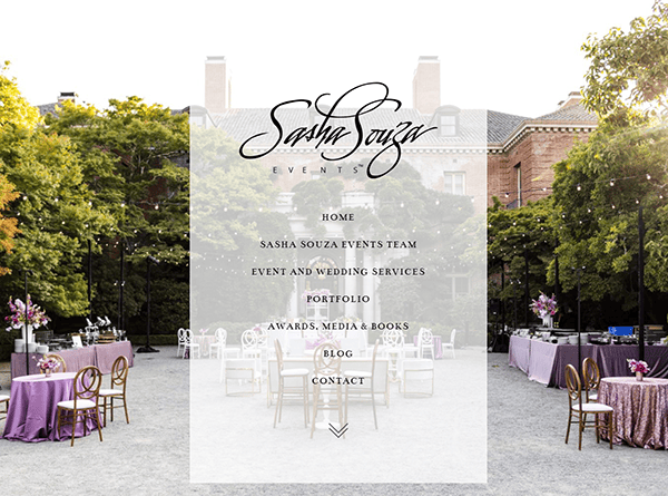 Outdoor event setup with tables and chairs arranged in a courtyard, surrounded by greenery and brick buildings, featuring a website menu overlay inspired by top Wedding Planner Websites.