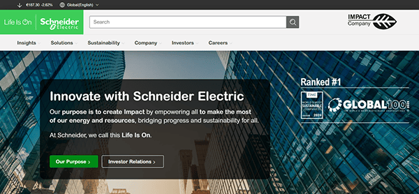 Screenshot of Schneider Electric's website homepage, highlighting innovation, purpose, and sustainability. Features navigation tabs for best industrial electricians and rankings from Global 100 for 2023.