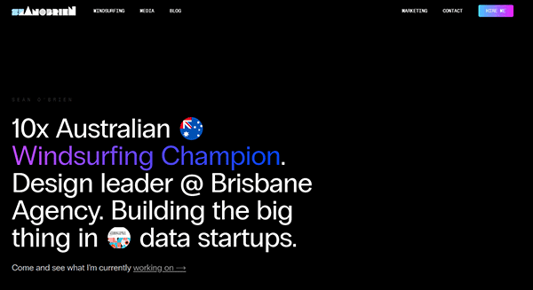 Website homepage featuring bold text: "10x Australian Windsurfing Champion. Design leader @ Brisbane Agency. Building the big thing in data startups." A standout among best personal portfolios, with visible navigation links and icons.