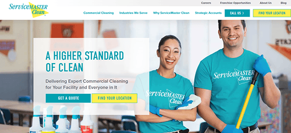 Two cleaning professionals in teal uniforms are smiling, one holding a mop. Nearby, cleaning supplies highlight their dedication. This local service company is showcased on websites, offering options to get a quote or find a location for your commercial cleaning needs.