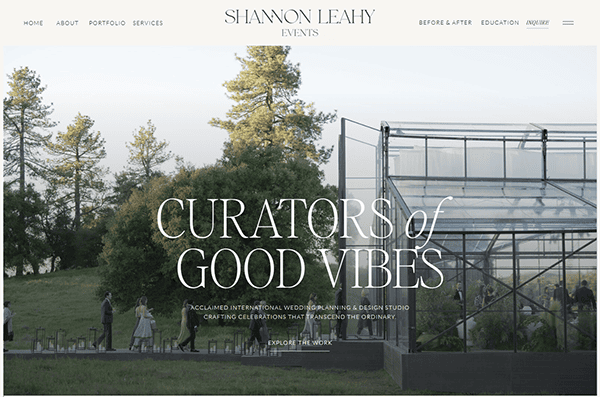 A group of people walk beside a modern glass building surrounded by trees, with the text "Curators of Good Vibes" overlaid—perfect inspiration for the best wedding planner or those seeking unique ideas for wedding planner websites.
