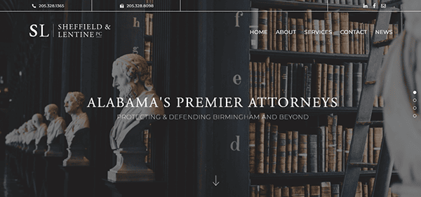 Website homepage for Sheffield & Lentine, PC, inspired by the best personal injury websites, featuring shelves of books, marble busts, and menu options including Home, About, Services, Contact, and News.