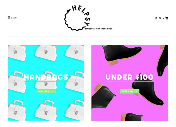 Screenshot of an online store homepage featuring sections for handbags and boots with colorful backgrounds and "Shop Now" buttons, under the brand name "Helpsy," a destination for the best vintage clothing and unique vintage finds.