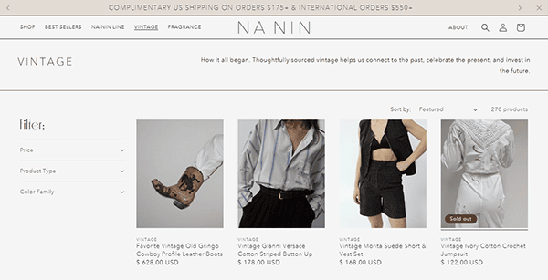 Screenshot of the Na Nin website's vintage section, one of the best vintage clothing websites, featuring filters on the left and vintage clothing product images with prices and descriptions on the right.