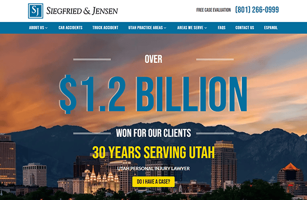 Homepage of Siegfried & Jensen law firm, a leader among top personal injury websites, features a city skyline and text highlighting over $1.2 billion won for clients and 30 years serving Utah.