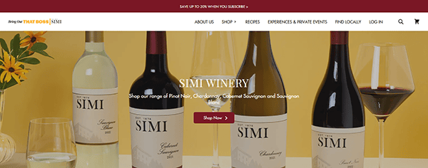 Homepage of Simi Winery website displaying bottles of wine against a yellow background, with navigation menu and promotional banner—showcasing elegant winery website design.