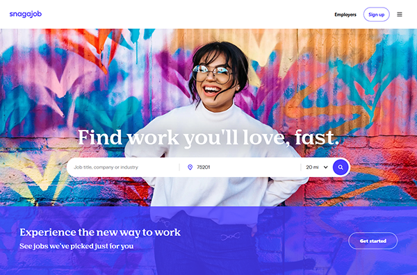Smiling person in glasses and a white sweater stands in front of a colorful graffiti wall, with an overlay of one of the best recruiting websites featured on the screen.