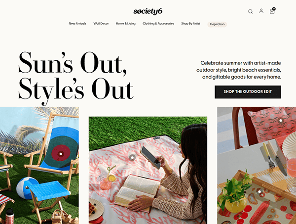 Society6 website homepage featuring summer-themed outdoor decor, with images of artful chairs, mats, and a person reading outside—plus inspiration for T-shirt design enthusiasts who love browsing the best T-shirt websites for unique style ideas.
