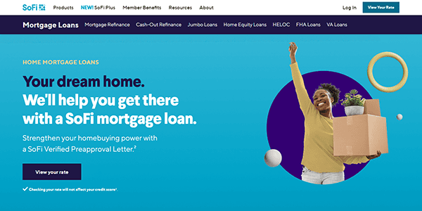 A woman smiles and holds a box and a plant, standing in front of a blue background with text highlighting SoFi as one of the best mortgage options and top mortgage websites for homebuyer benefits.