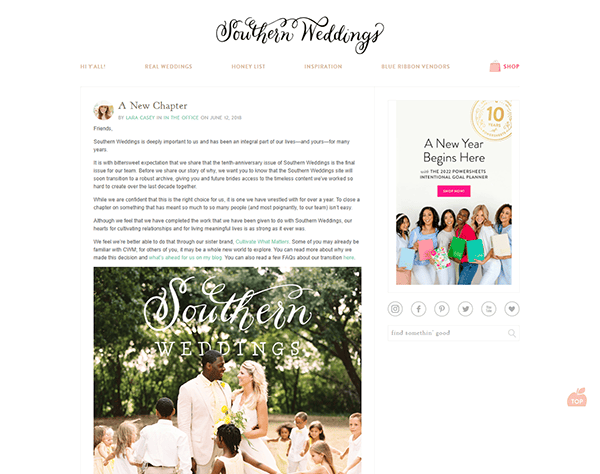 Screenshot of a Southern Weddings website page titled "A New Chapter," featuring a bride, groom, and wedding party outdoors—showcasing why Southern Weddings is among the best wedding websites. An ad appears on the right side.