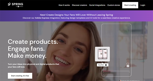 A smiling woman with long hair is featured in the background of the Spring website homepage, promoting tools to create, sell, and share custom products online, making it one of the best T-Shirt design websites for creative entrepreneurs.