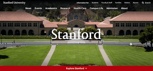 View of Stanford University's campus with a spacious lawn, trees, and the Main Quad buildings; "Stanford" text proudly displayed. The website navigation bar above showcases features of top school websites and excellent school website design.