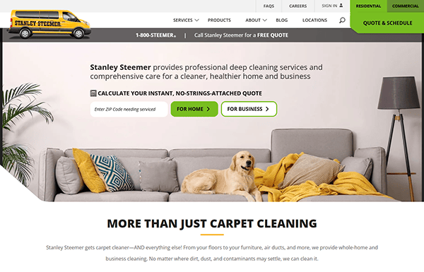 A yellow van and a dog rest on a gray sofa with colorful pillows. Text highlights Stanley Steemer's cleaning services, offering options for home or business quotes. "MORE THAN JUST CARPET CLEANING" is emphasized, showcasing why they're featured on local service company websites.