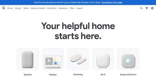 Google Store homepage displaying smart home devices—including speakers, displays, streaming devices, Wi-Fi, and smoke & CO alarm—under the headline "Your helpful home starts here," making it a go-to smart home website.