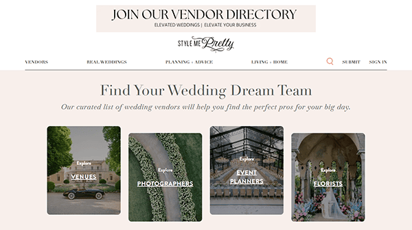 Screenshot of a wedding vendor directory website featuring categories for venues, photographers, event planners, and florists to help users explore the best wedding websites and find top professionals.