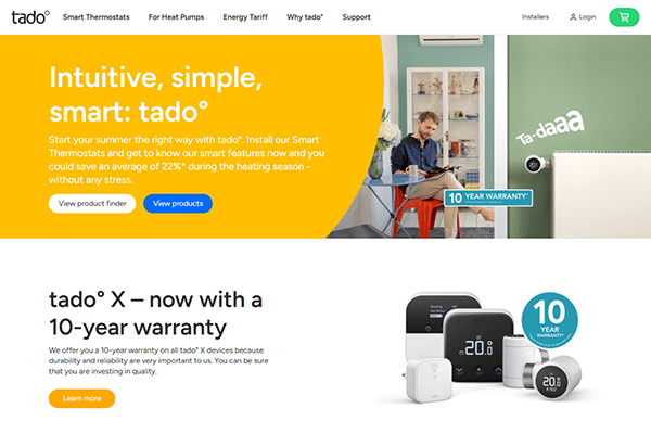 A promotional webpage for tado° smart thermostats, featured on the best smart home websites, highlights their simplicity, energy-saving features, and a 10-year warranty, with product images and a person adjusting a thermostat.