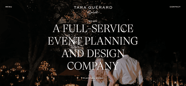 A couple stands outdoors at night under string lights, facing away; text reads, "A Full-Service Wedding Planning and Design Company.