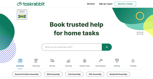 Explore Taskrabbit, one of the best local service websites, featuring a handy search bar to find help for your home tasks. Icons below highlight services like assembly, cleaning, and moving. Proudly displaying the Taskrabbit logo and IKEA partnership badge.