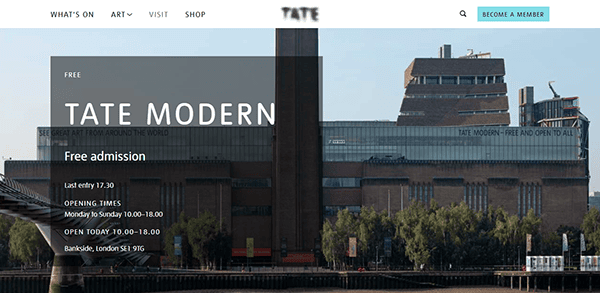 The exterior of Tate Modern in London, showcasing free admission and opening times—an inspiring example for the best museum websites seeking engaging design and visitor information.