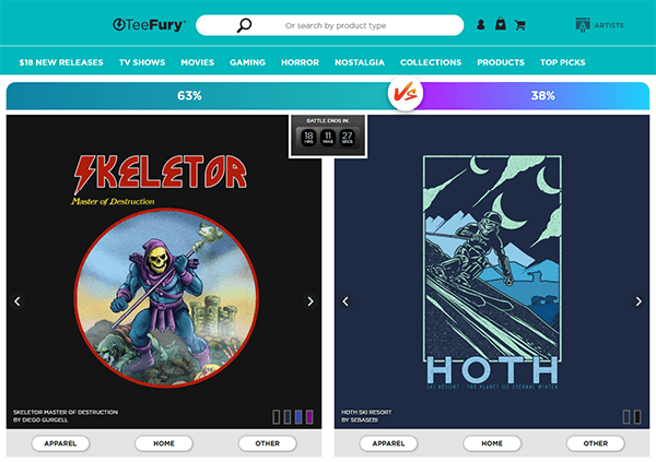 Two T-shirt designs are compared side by side on TeeFury, one featuring Skeletor from Masters of the Universe and the other a Hoth scene from Star Wars—a classic face-off on one of the best T-shirt design websites, complete with a voting percentage above.