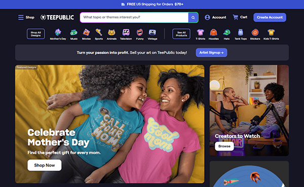 Two women lay on a bed wearing graphic t-shirts reading "Call your mom" and "Cool mom." As one of the best T-shirt websites, this site promotes Mother’s Day gifts and features various product categories.