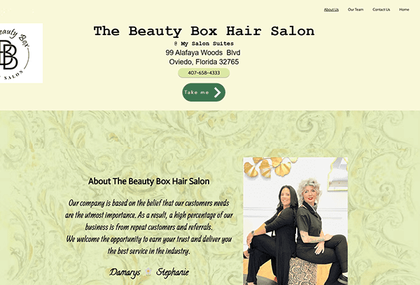 Screenshot of The Beauty Box Hair Salon website, showcasing its salon website design with the salon name, Oviedo, FL address, contact number, and a photo of two women sitting on a black couch. A great example for those seeking the best salon websites.