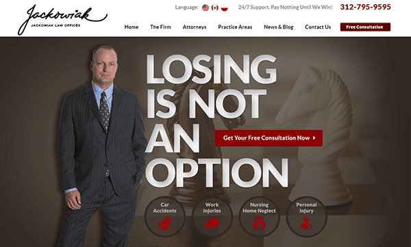 A man in a suit stands next to large text reading "Losing Is Not An Option," with chess pieces in the background and top personal injury website service options displayed below.