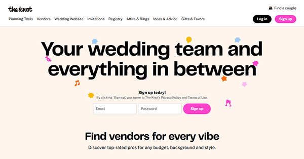 A website homepage for The Knot displaying options to sign up or log in, with text promoting wedding planning tools, vendor search features, and the best wedding websites to make your special day unforgettable.