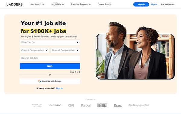 Screenshot of the Ladders website homepage, one of the top recruiting websites, featuring a job search form for $100K+ jobs and a photo of two professionally dressed people smiling.