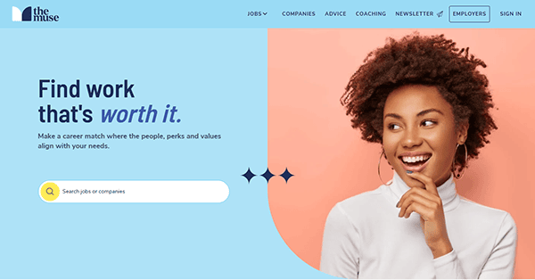 A young woman with curly hair smiles while looking to the side; the website, one of the best recruiting websites, features a search bar and headline text about finding meaningful work.