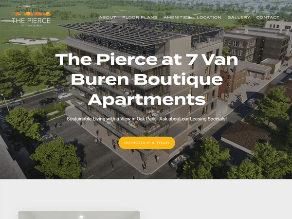 Website screenshot showing "The Pierce at 7 Van Buren" boutique apartments with a modern building and greenery. Includes navigation links and a "Schedule a Tour" button.
