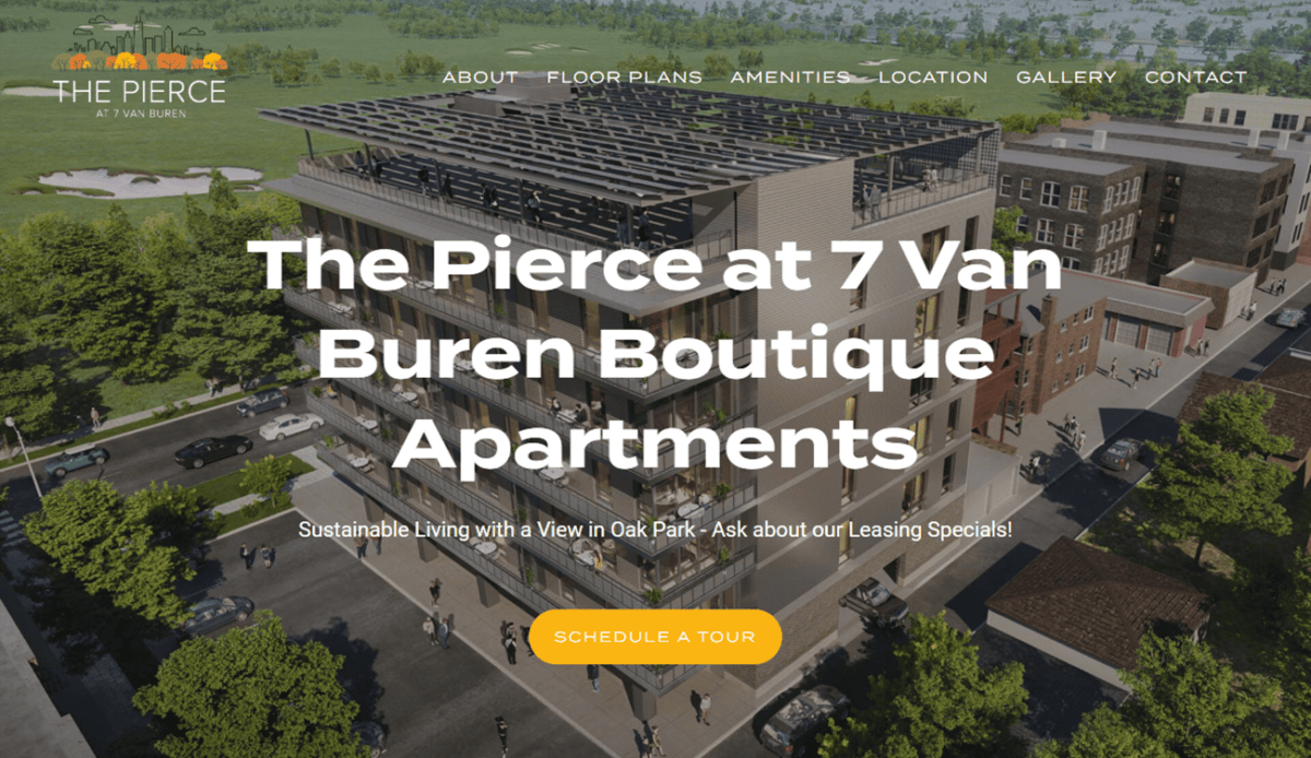 Website for The Pierce at 7 Van Buren Boutique Apartments with leasing information, key features, and amenities including a pool, fitness center, and resident lounge.