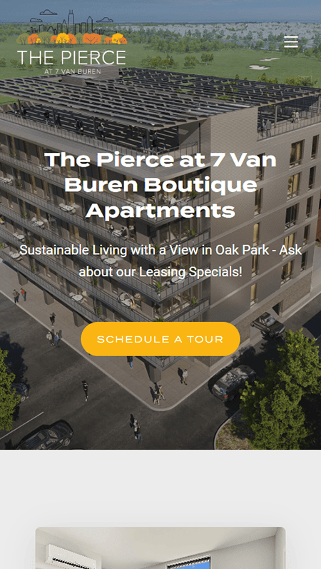 Promotional flyer for a new apartment complex, highlighting amenities such as scenic views, gym, pet-friendly policies, pool, resident lounge, and secure parking. Includes contact information.