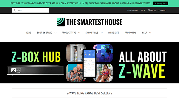 Homepage of The Smartest House website featuring a banner about the Z-Box Hub and Z-Wave, with navigation menus and a free shipping notice at the top—your destination for the best smart home products.