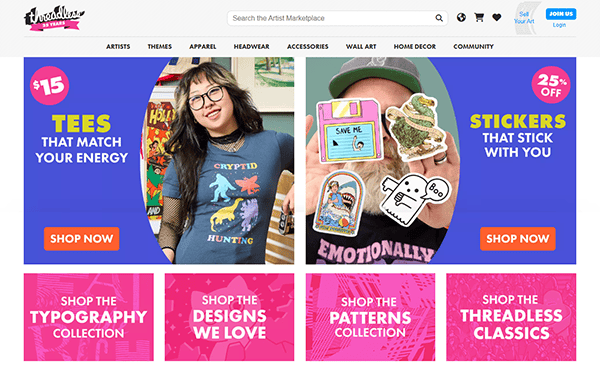 A website homepage featuring the best T-shirt design collections, stickers, and unique graphics, with promotional banners and a smiling person wearing a standout tee—your go-to spot for top T-shirt design websites.