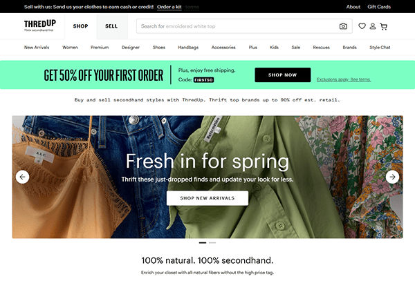 Screenshot of ThredUp’s homepage displaying a banner for 50% off the first order, navigation menus, and a featured section for spring clothing arrivals—perfect for those seeking vintage clothing on top vintage clothing websites.